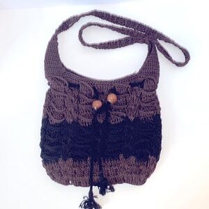 Fully Lined Brown & Black Crochet  Zipper Top Adjustable Wooden Closure Handbag